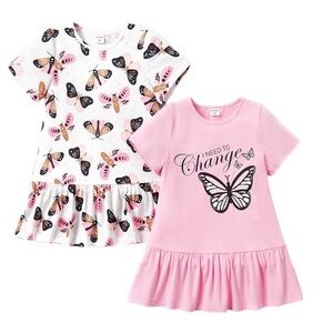 2 Pack Girls Pink and White Butterfly Dress Set